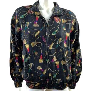Vintage 90s Rhoda Lynne 100% Silk Tassel Print Bomber Jacket Size Small